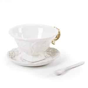 seletti tazza da thè con manico dorato piattino e cucchiaino