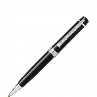 Penna a sfera Montblanc Gershwin special edition donation pen in pregiata resina nera finiture platino sulla clip 'è raffigurato un clarinetto