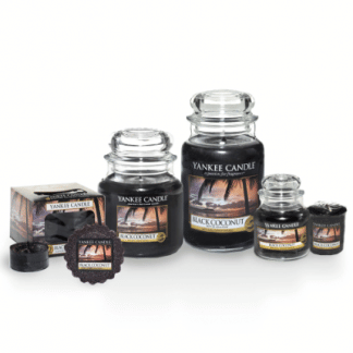 Candele profumate yankee candle fragranza Black Coconut disponibile in più formati grande media piccola per auto tea light sampler e tart