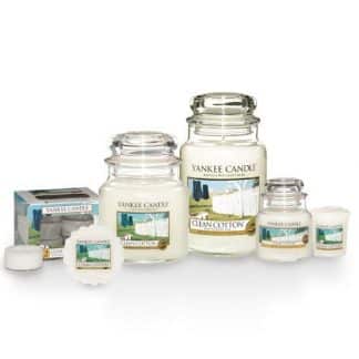 Candele-profumate-yankee-candle-fragranza-Clean-Cotton-disponibile-in-più-formati-grande-media-piccola-per-auto-tea-light-sampler-e-tart