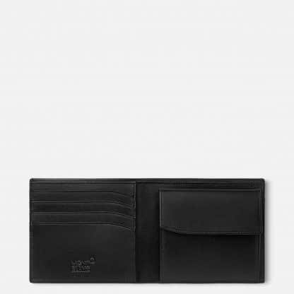 Montblanc Portafoglio Meisterstück 4 scomparti per carte di credito, con portamonete e due scomparti per banconote, realizzato in pelle bovina di provenienza europea ci colore nero, particolare dell'interno.