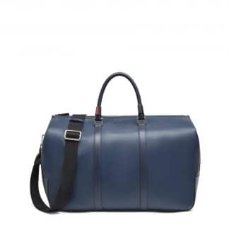 Fedon borsa da viaggio in pelle bottalata di colore blu con tracolla e doppio manico