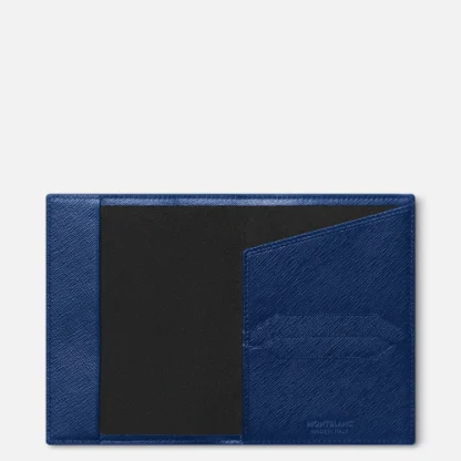 Montblanc Porta passaporto Sartorial in pelle di vitello con stampa Saffiano di colore blu, aperto