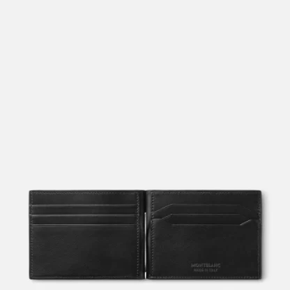 Montblanc Meisterstuck 4810 Porta carte di credito con clip in pelle stampata con motivo a corteccia d’albero di colore nero, dotato di 6 tasche per carte di credito e clip centrale per le banconote, vista dell'interno aperto.
