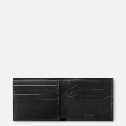 Montblanc Meisterstuck 4810 Portafoglio in pelle stampata con motivo a corteccia d’albero di colore nero, dotato di 8 tasche per carte di credito e 2 le banconote, vista interno aperto.