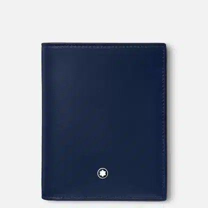 Portafoglio compatto Montblanc Meisterstück con sei aperture per carte di credito ed una tasca superiore per le banconote è realizzato in una nuova tipologia di pelle di vitello pieno fiore estremamente lucida nel colore Ink Blue.
