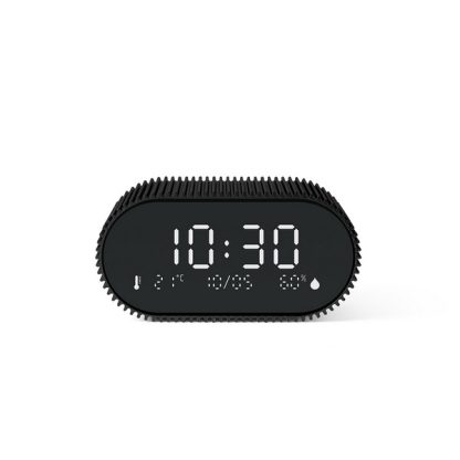 Lexon sveglia Ray Clock colore nero, dotata di uno schermo LCD VA puro nero per una visibilità chiara in ogni momento, sensori di temperatura ambiente e umidità, visualizza informazioni utili per il tuo benessere quotidiano, vista frontale.