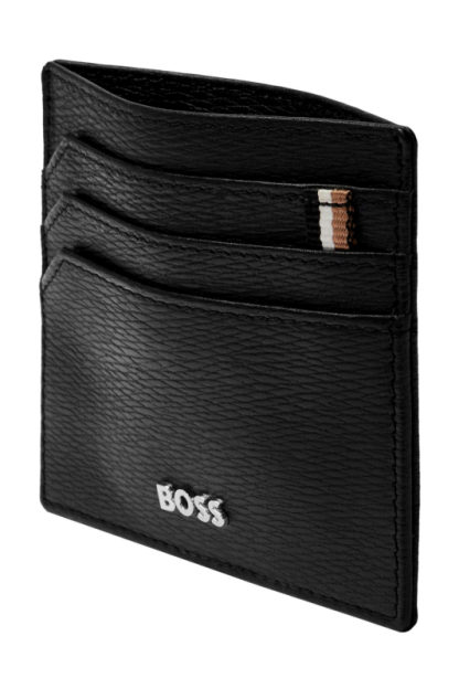Hugo Boss Porta card Iconic in pelle nera, visto in diagonale.