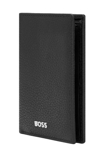 Hugo Boss Classic Grained porta card pieghevole in pelle martellata nero, visto in diagonale