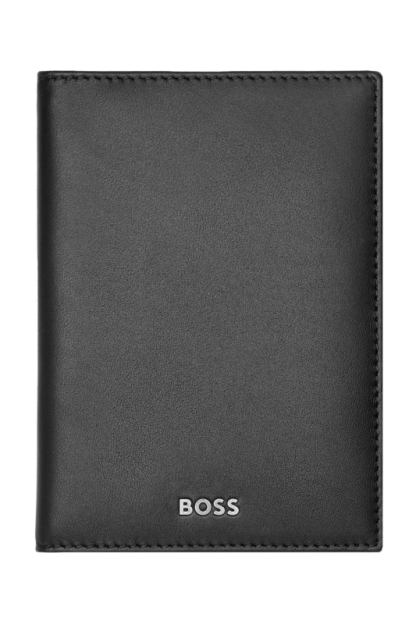 Hugo Boss Classic Smooth portacarte a tre ante in pelle liscia, colore nero, fronte.