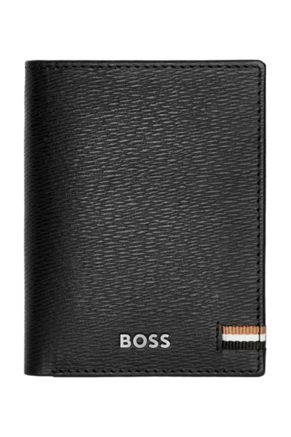 Hugo Boss Iconic portacarte a tre ante in pelle goffrata colore nero, vista parte anteriore