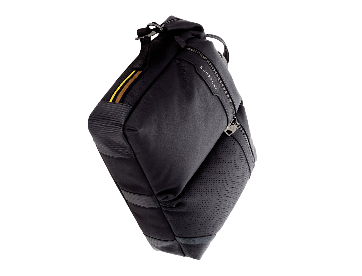 Scharlau Slackline borsa in pelle di colore nero, doppio manico, porta pc e due tasche anteriori con zip diagonale fondo