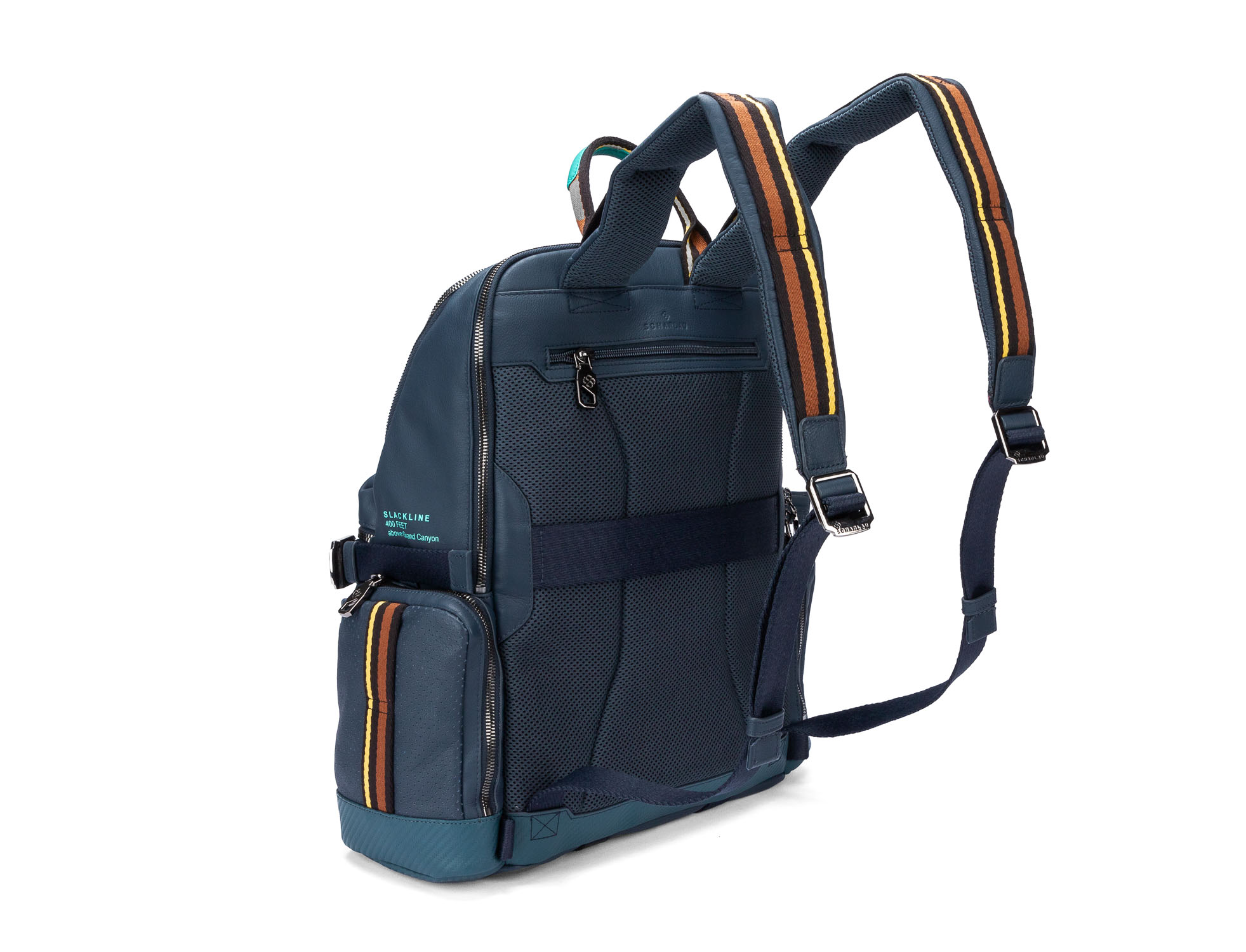 Scharlau Slackline zaino in pelle blu visto dal retro