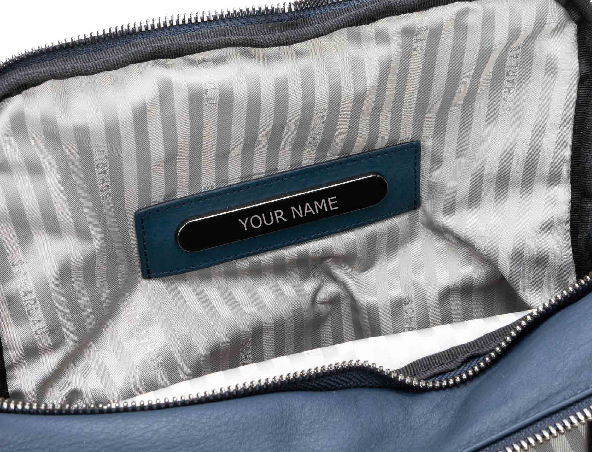 Scharlau Slackline zaino in pelle blu particolare della personalizzazione