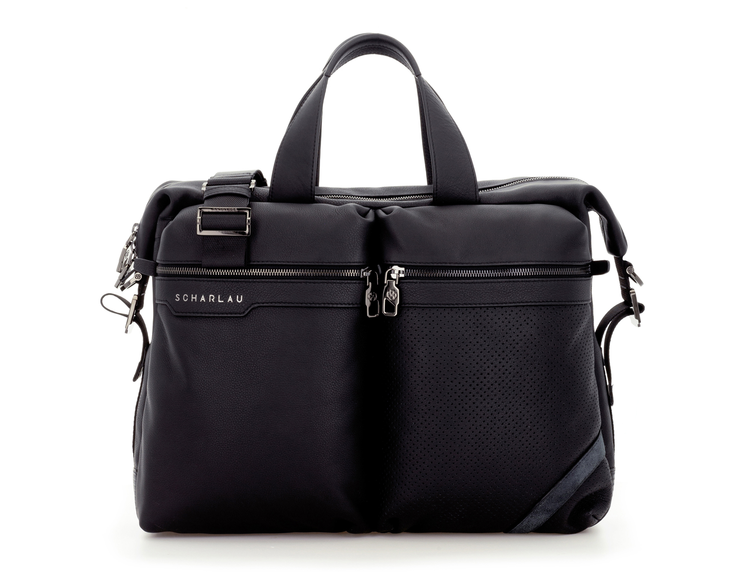 Scharlau Slackline borsa in pelle di colore nero, doppio manico, porta pc e due tasche anteriori con zip