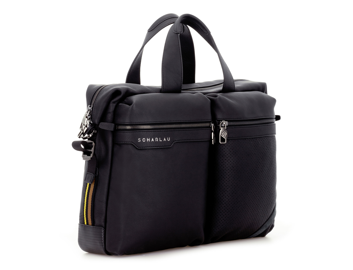 Scharlau Slackline borsa in pelle di colore nero, doppio manico, porta pc e due tasche anteriori con zip diagonale