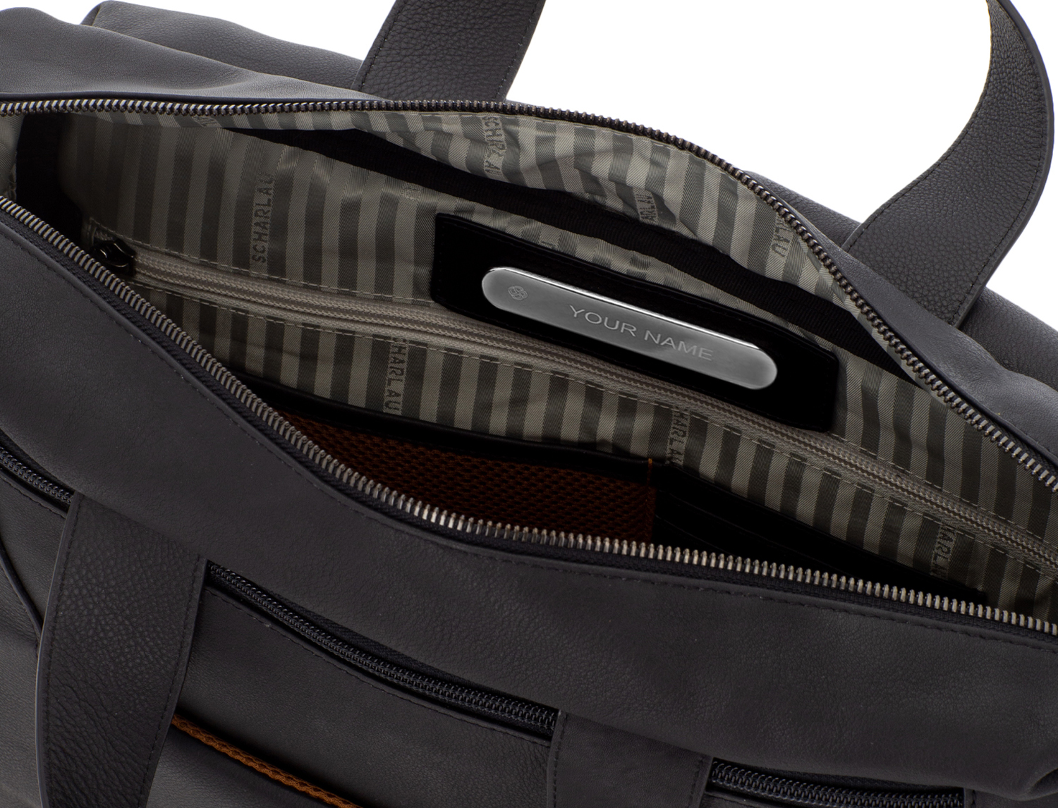 Scharlau Slackline borsa in pelle di colore nero, doppio manico, porta pc e due tasche anteriori con zip personalizzazione