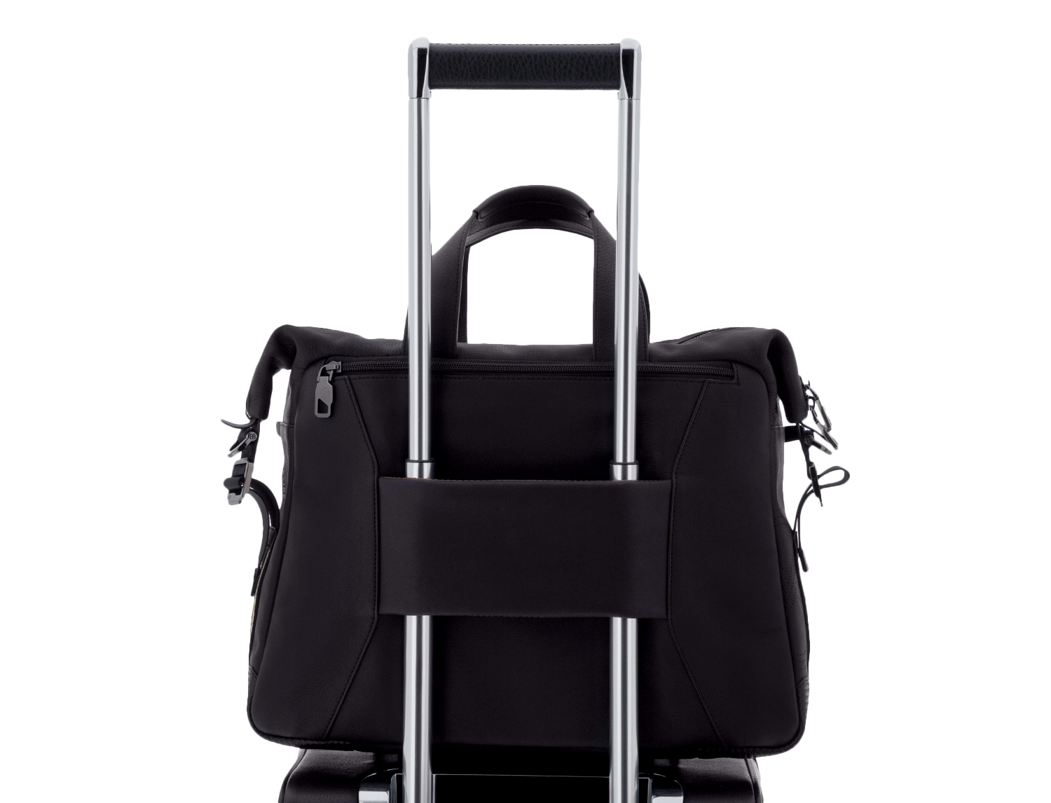 Scharlau Slackline borsa in pelle di colore nero, doppio manico, porta pc e due tasche anteriori con zip su trolley